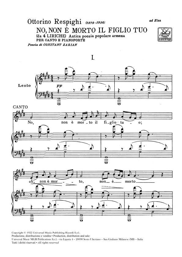 Quattro Liriche: N. 1 No, Non E Morto Il Figlio - Per Voce E Pianoforte (Contralto/Basso) - pro zpěv a klavír